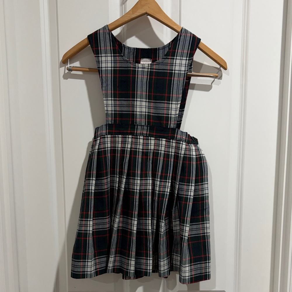 Girls' Black, White & Red Plaid Pinafore Dress